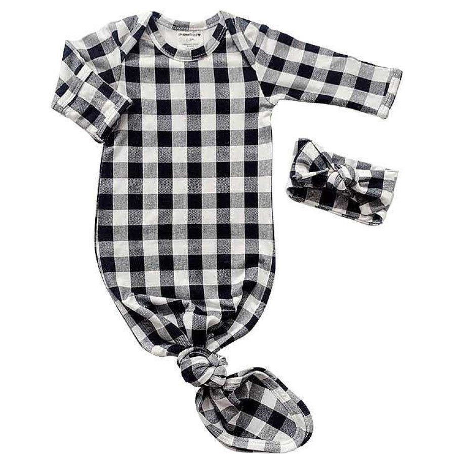 Girl SpearmintLOVE | Knotted Gown & Bow Set, Black Plaid