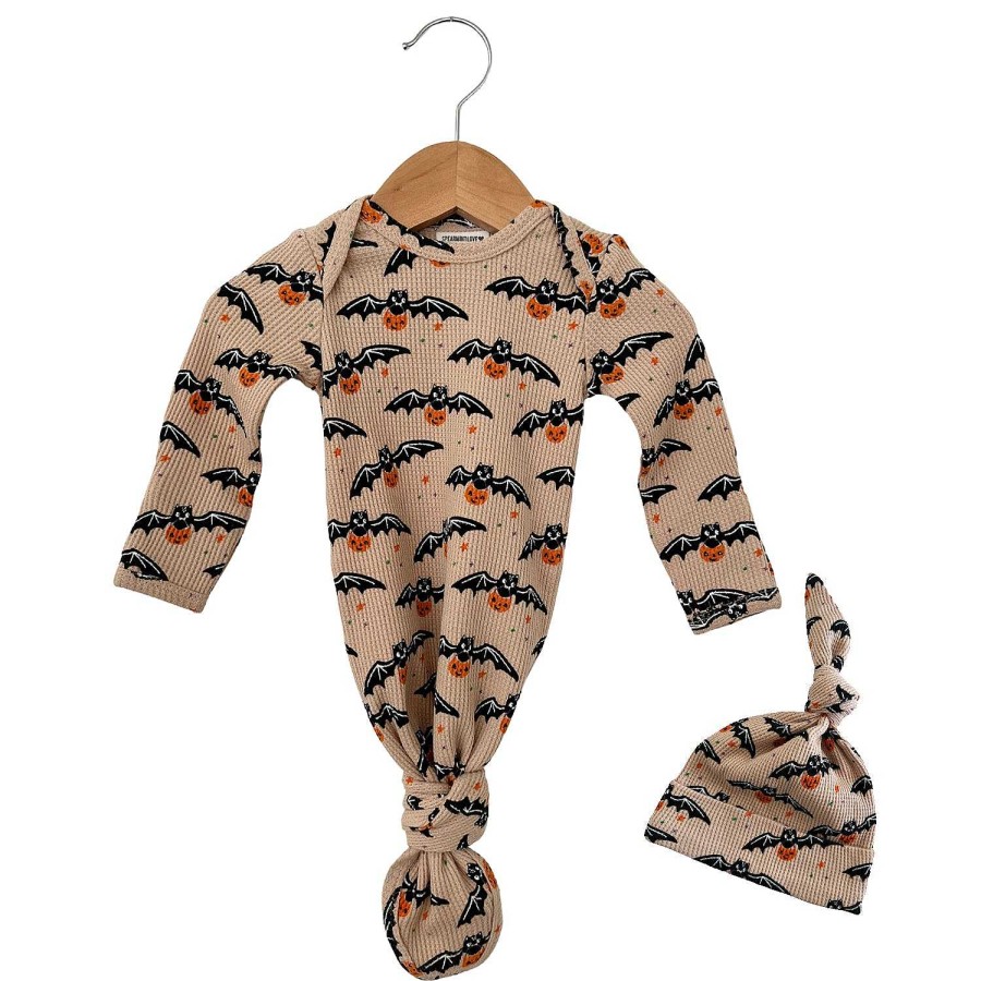 Boy SpearmintLOVE | Organic Waffle Knotted Gown & Hat Set, Tan Trick Or Treating Bat