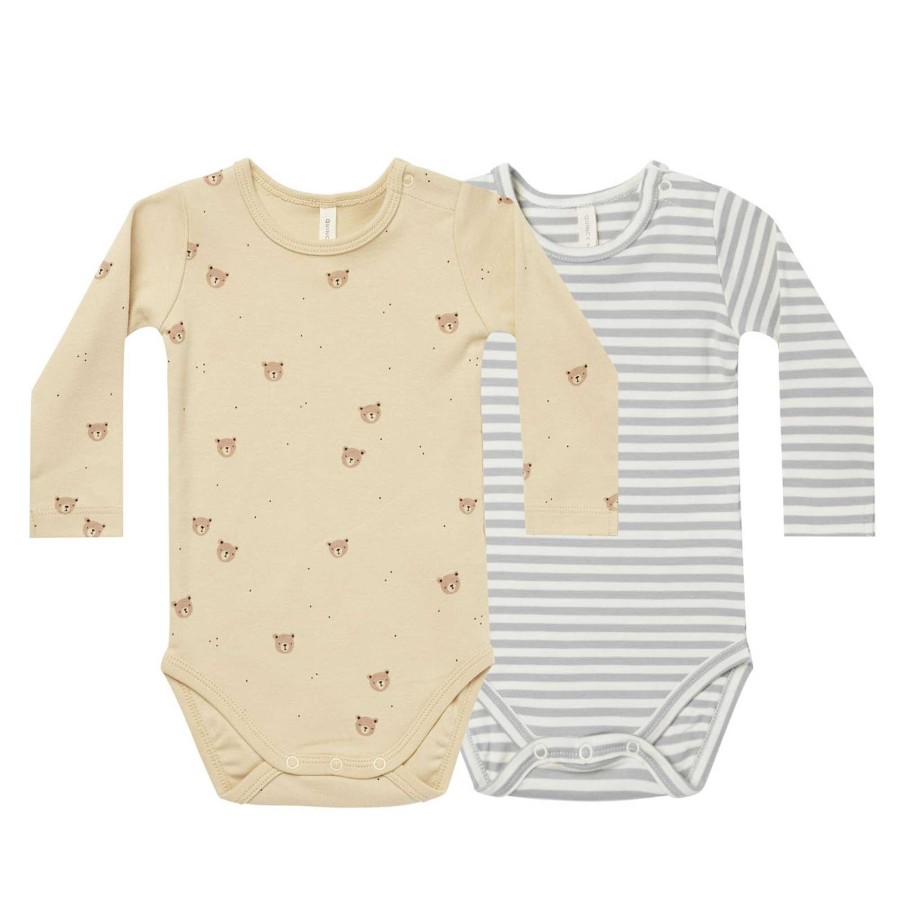 Boy Quincy Mae | Organic Jersey Bodysuit 2-Pack, Bears/Dusty Blue Stripe