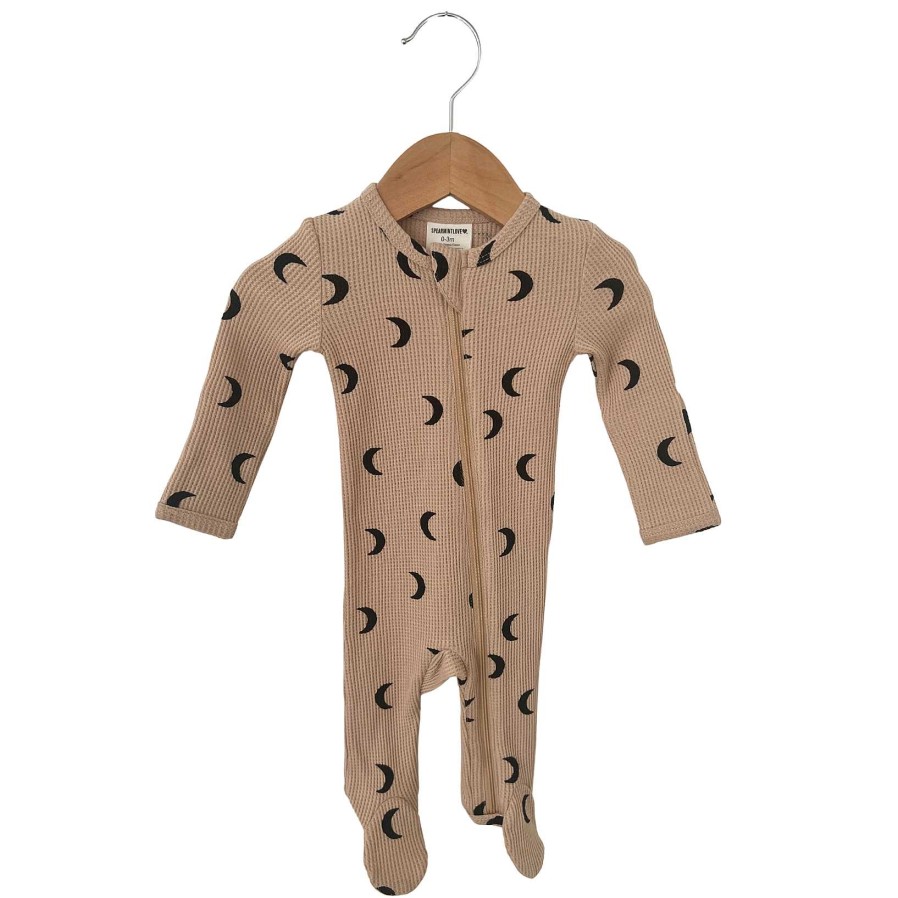 Boy SpearmintLOVE | Organic Waffle Basic Zip Footie, Tan/Black Moon