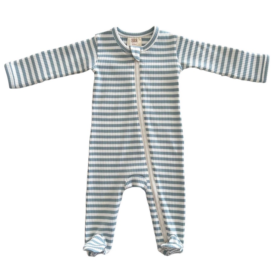 Boy SIIX Collection | Dusty Blue Stripe / Organic Ribbed Zip Footie