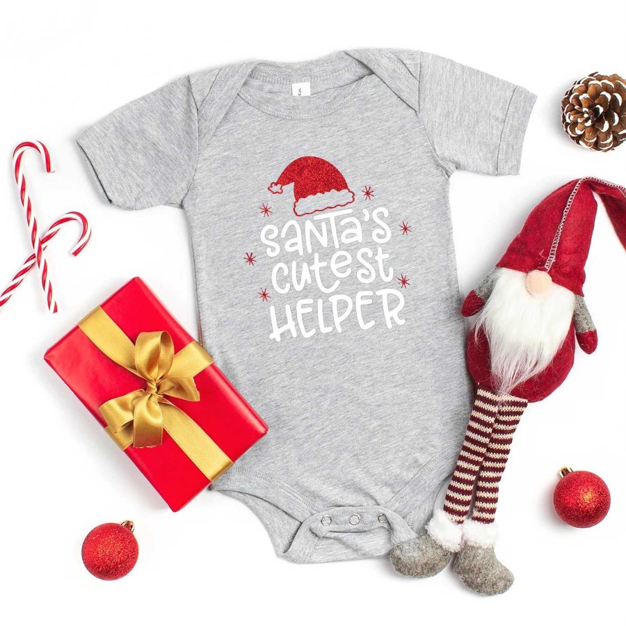 Boy The Juniper Shop | Santa'S Cutest Helper Glitter Short Sleeve Bodysuit, Heather Grey