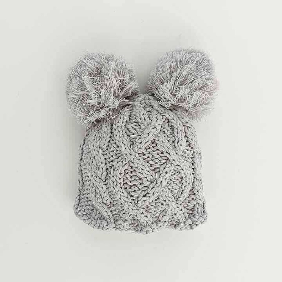 Accessories Huggalugs | Cable Knit Newborn Pom Hat, Grey