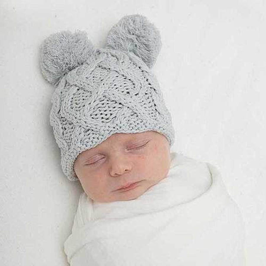 Accessories Huggalugs | Cable Knit Newborn Pom Hat, Grey