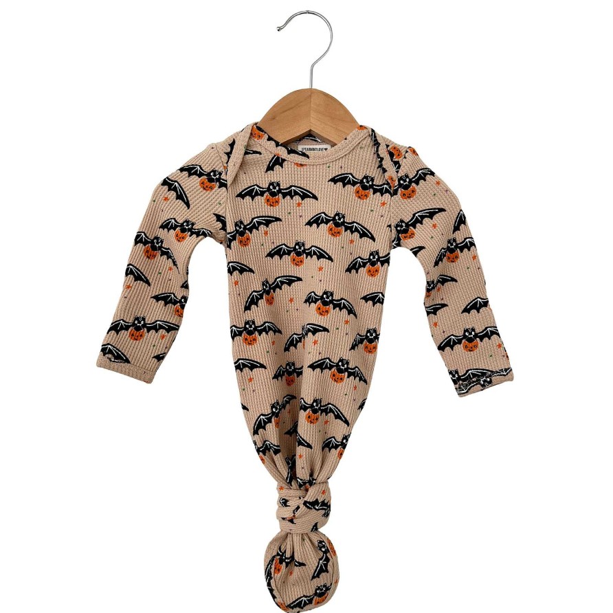 Boy SpearmintLOVE | Organic Waffle Knotted Gown, Tan Trick Or Treating Bat