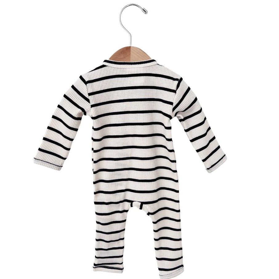 Boy SpearmintLOVE | Organic Waffle Basic Zip Romper, Black Stripe