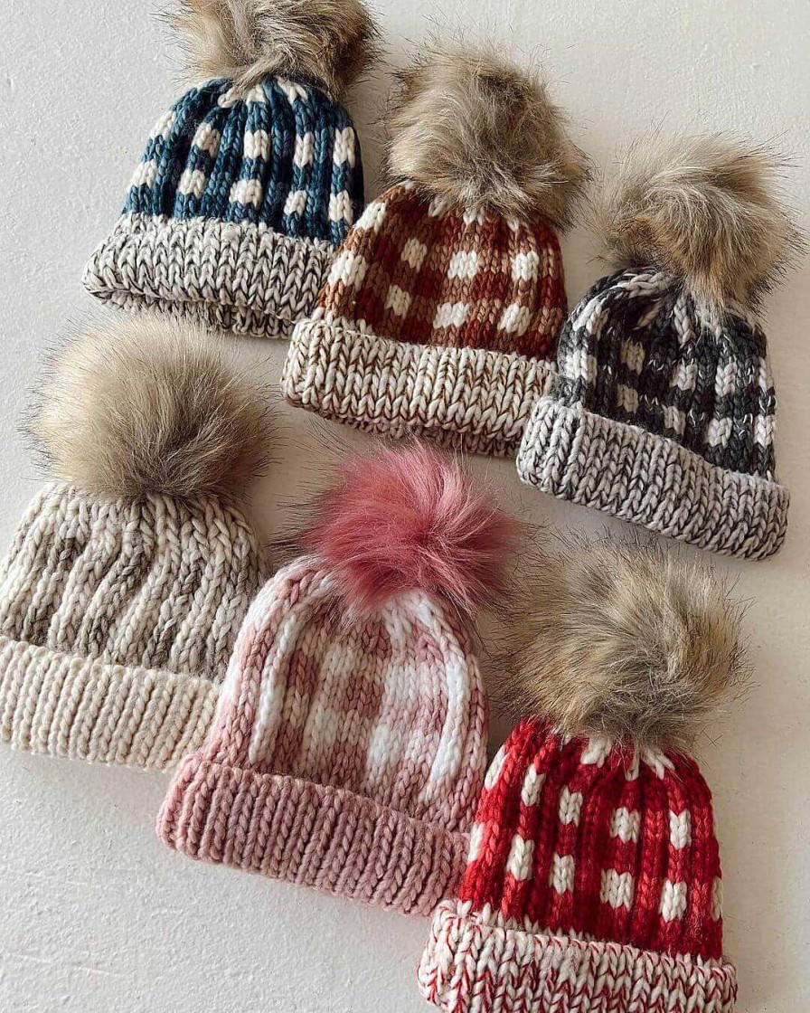 Accessories Huggalugs | Buffalo Check Fur Pom Hat, Pebble