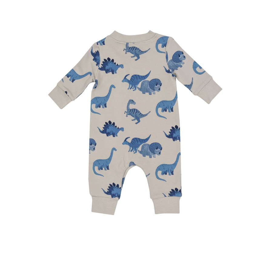 Boy Angel Dear | French Terry Baseball Collar Romper, Blue Dinos