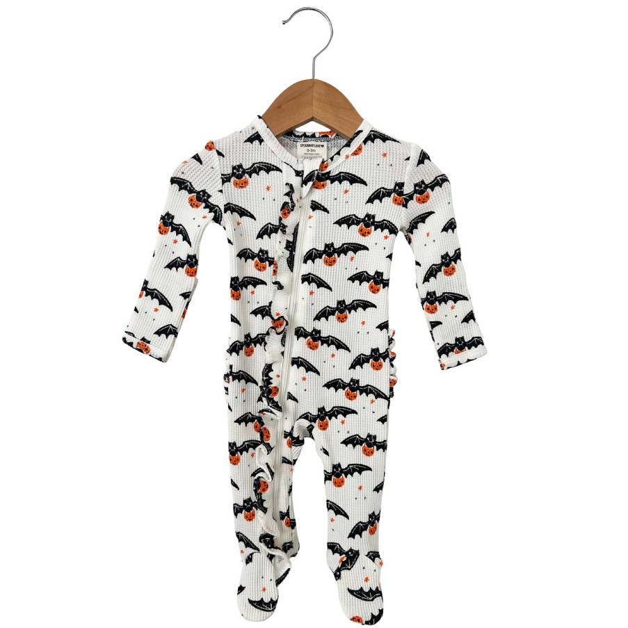 Girl SpearmintLOVE | Organic Waffle Ruffle Zip Footie, Trick Or Treating Bat