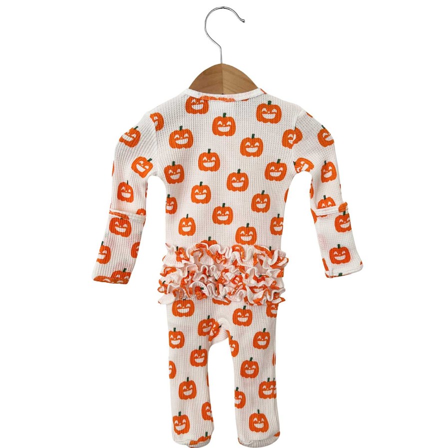 Girl SpearmintLOVE | Organic Waffle Ruffle Zip Footie, Jack-O-Lantern