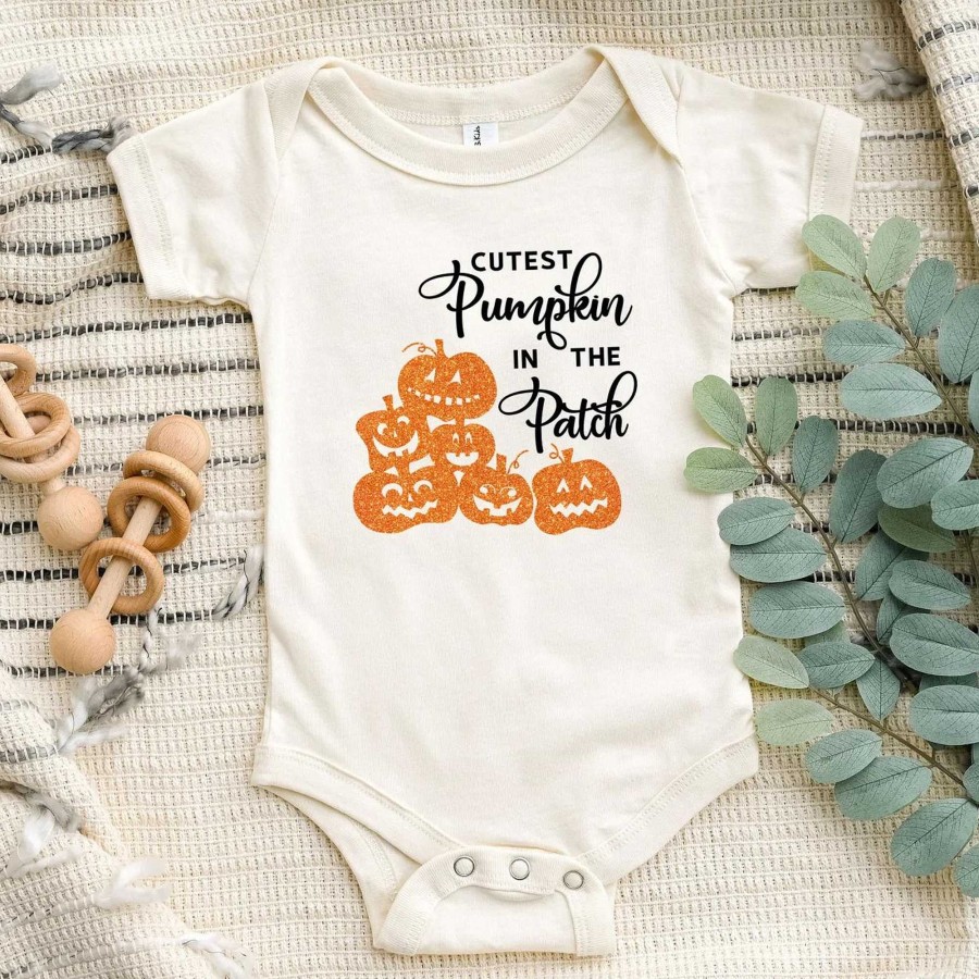 Boy The Juniper Shop | Cutest Pumpkin In The Patch Glitter Short Sleeve Bodysuit, Cream