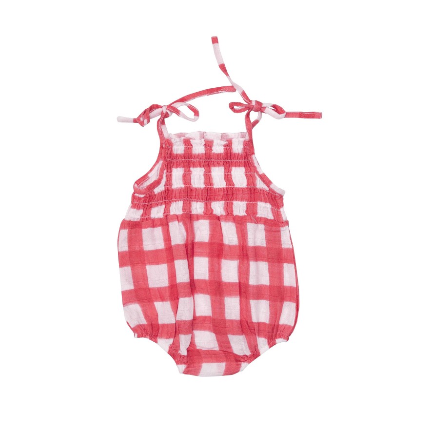 Girl Angel Dear | Tie Strap Smocked Bubble Sunsuit, Painted Gingham Red