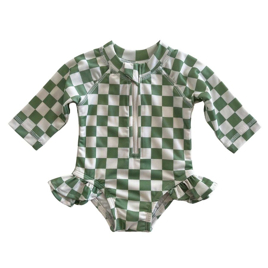 Girl SIIX Collection | Lime Checkerboard / Skipper Rashguard Swimsuit / Upf 50+