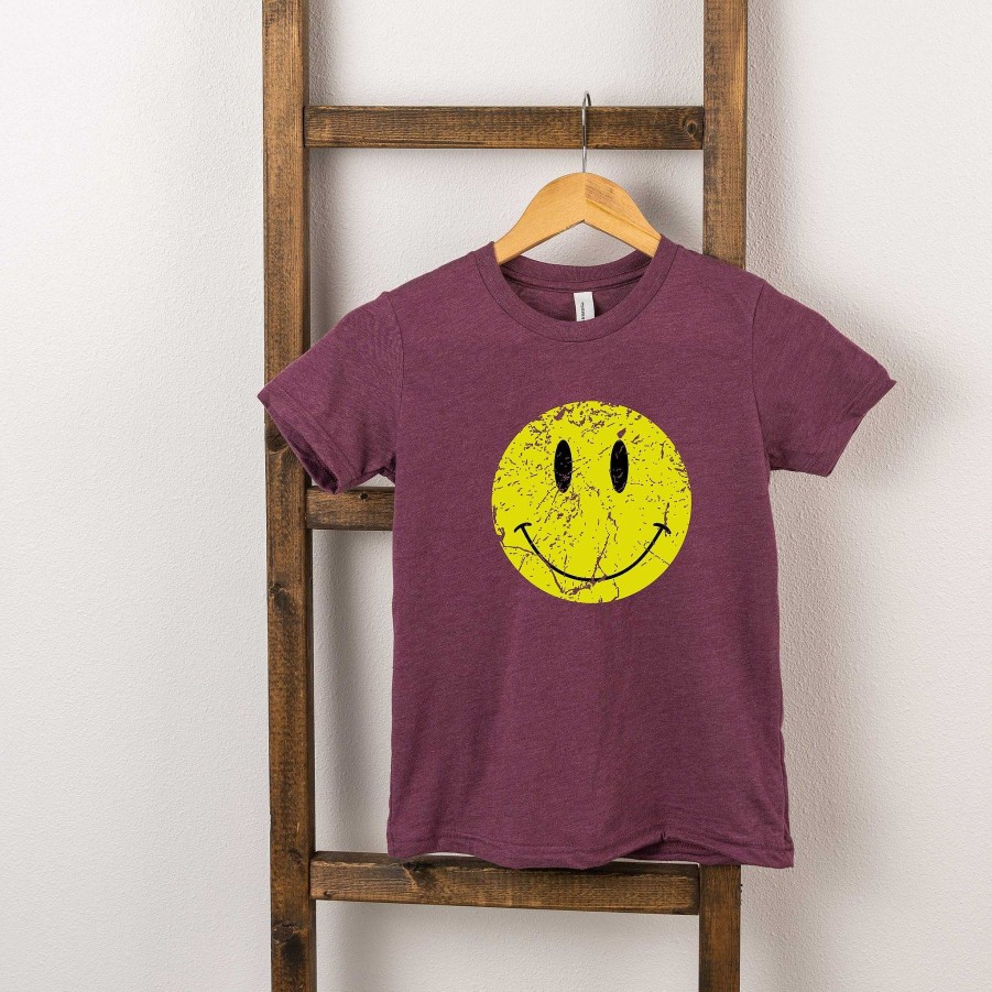 Girl The Juniper Shop | Distressed Happy Face Short Sleeve Tee, Plum