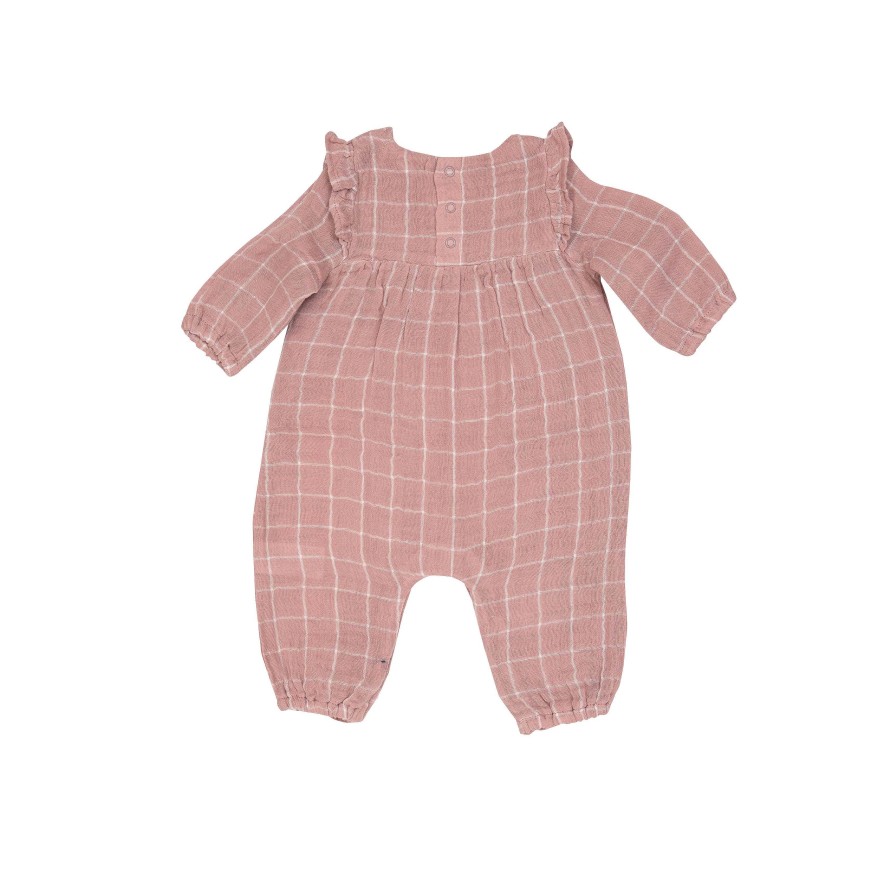 Girl Angel Dear | Muslin Ruffle Sleeve Romper, Rose Tan Grid