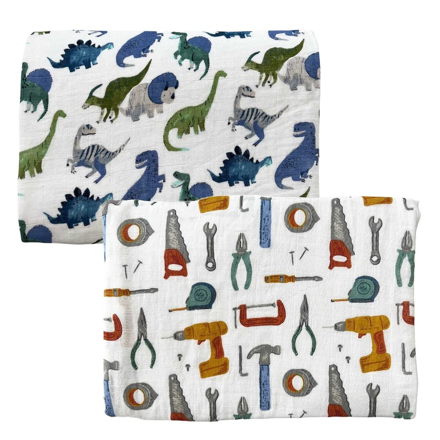 Baby Stuff Angel Dear | 2-Pack Muslin Swaddles, Dino/Tools