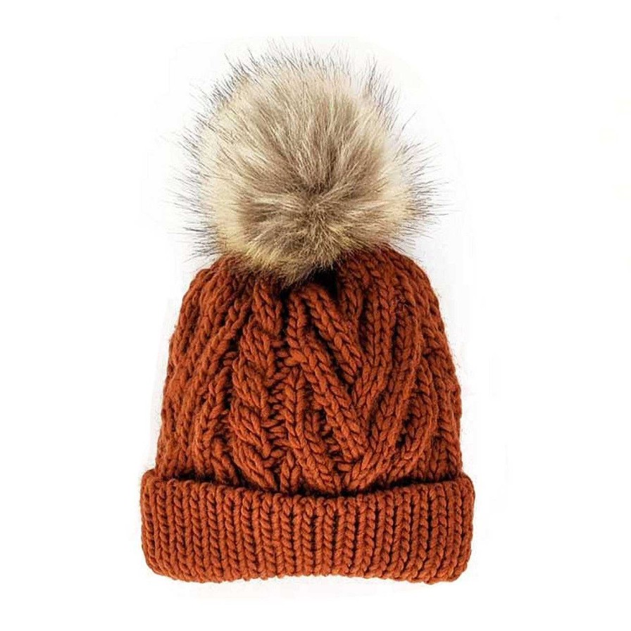 Accessories Huggalugs | Cable Knit Fur Pom Hat, Chili