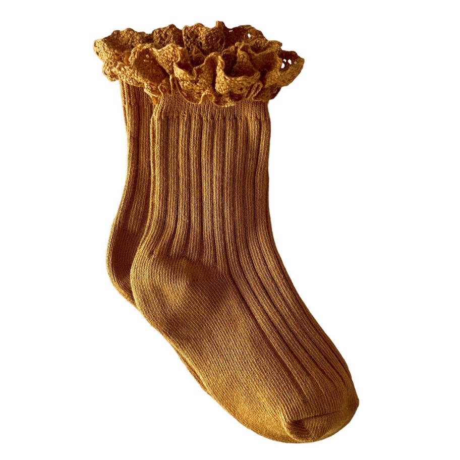 Accessories Sold by SpearmintLOVE | Lace Trim Ribbed Socks, Ochre