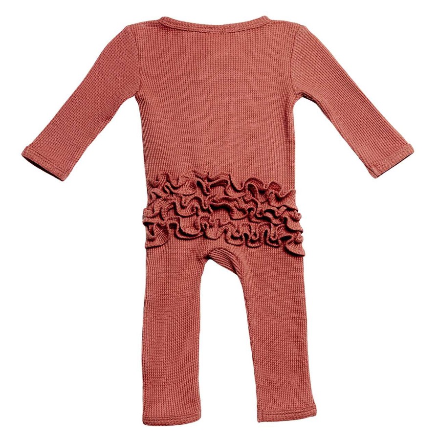 Girl SpearmintLOVE | Organic Waffle Ruffle Zip Romper, Dusty Rose