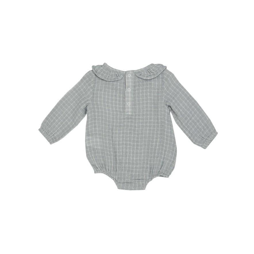 Girl Angel Dear | Muslin Ruffle Collar Bubble Bodysuit, Grey Grid