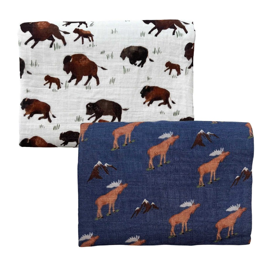 Baby Stuff Angel Dear | 2-Pack Muslin Swaddles, Blue Moose/Bison