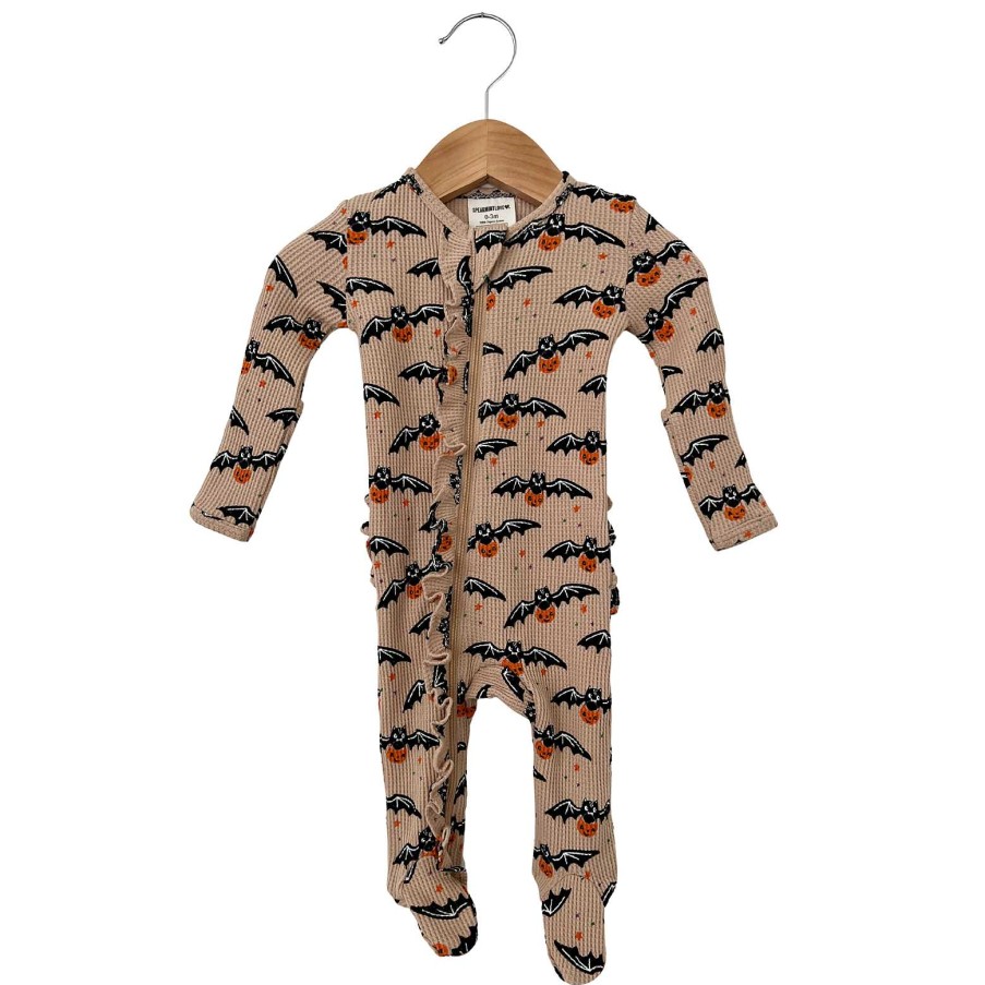 Girl SpearmintLOVE | Organic Waffle Ruffle Zip Footie, Tan Trick Or Treating Bat