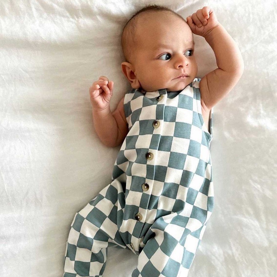 Boy SIIX Collection | Blueberry Muffin Checkerboard / Organic Bay Jumpsuit