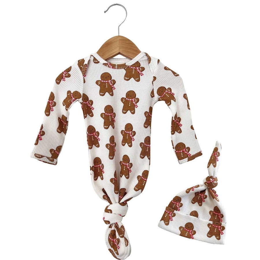 Girl SpearmintLOVE | Organic Waffle Knotted Gown & Hat Set, Gingerbread Man