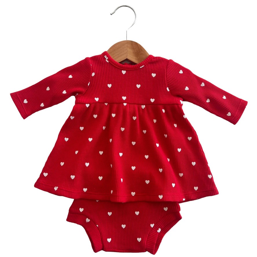 Girl SpearmintLOVE | Organic Waffle Simple Dress & Bloomer, Little White Heart (On Red)