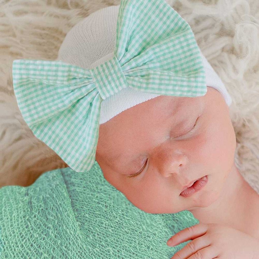 Accessories Ily Bean | Newborn Bow Hat, Mint Ginham Seersucker