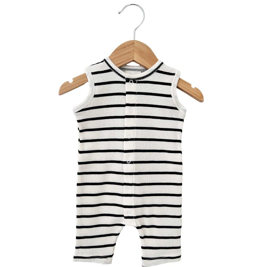 Boy SpearmintLOVE | Organic Waffle Easy Romper, Black Stripe