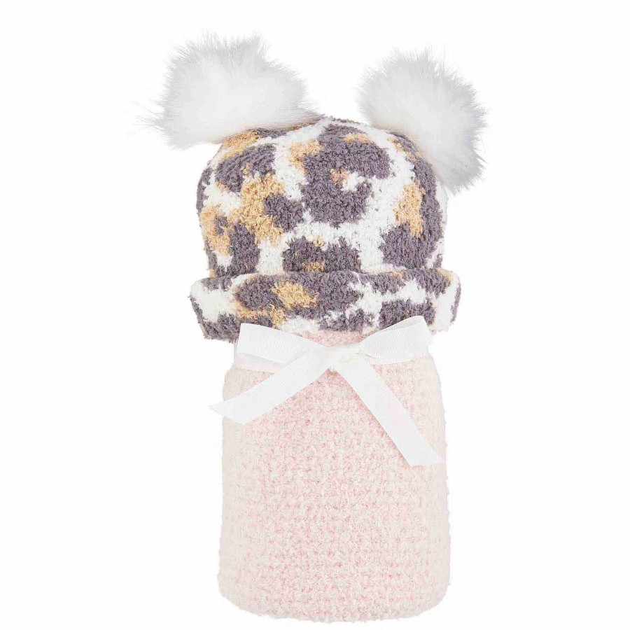 Girl Mud Pie | Chenille Blanket & Double Pom Leopard Hat Set, Pink