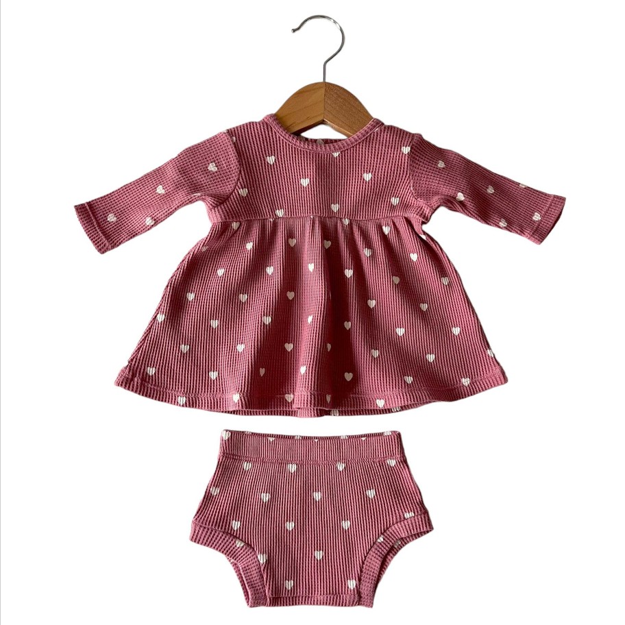 Girl SpearmintLOVE | Organic Waffle Simple Dress & Bloomer, Mauve Heart