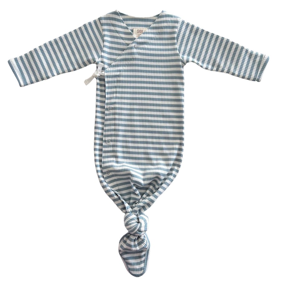 Boy SIIX Collection | Dusty Blue Stripe / Organic Ribbed Kimono Knot Gown