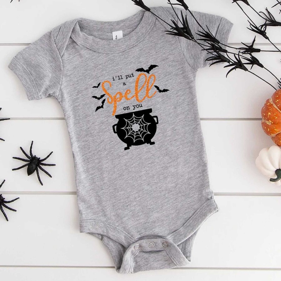 Boy The Juniper Shop | I'Ll Put A Spell On You Glitter Short Sleeve Bodysuit, Heather Grey