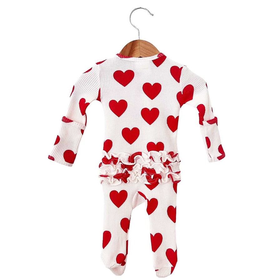 Girl SpearmintLOVE | Organic Waffle Ruffle Zip Footie, Red Heart