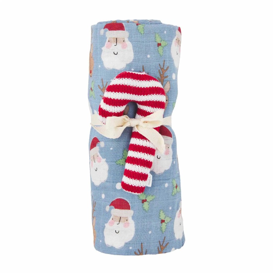 Baby Stuff Mud Pie | Blue Christmas Candy Cane Swaddle Blanket & Rattle Set