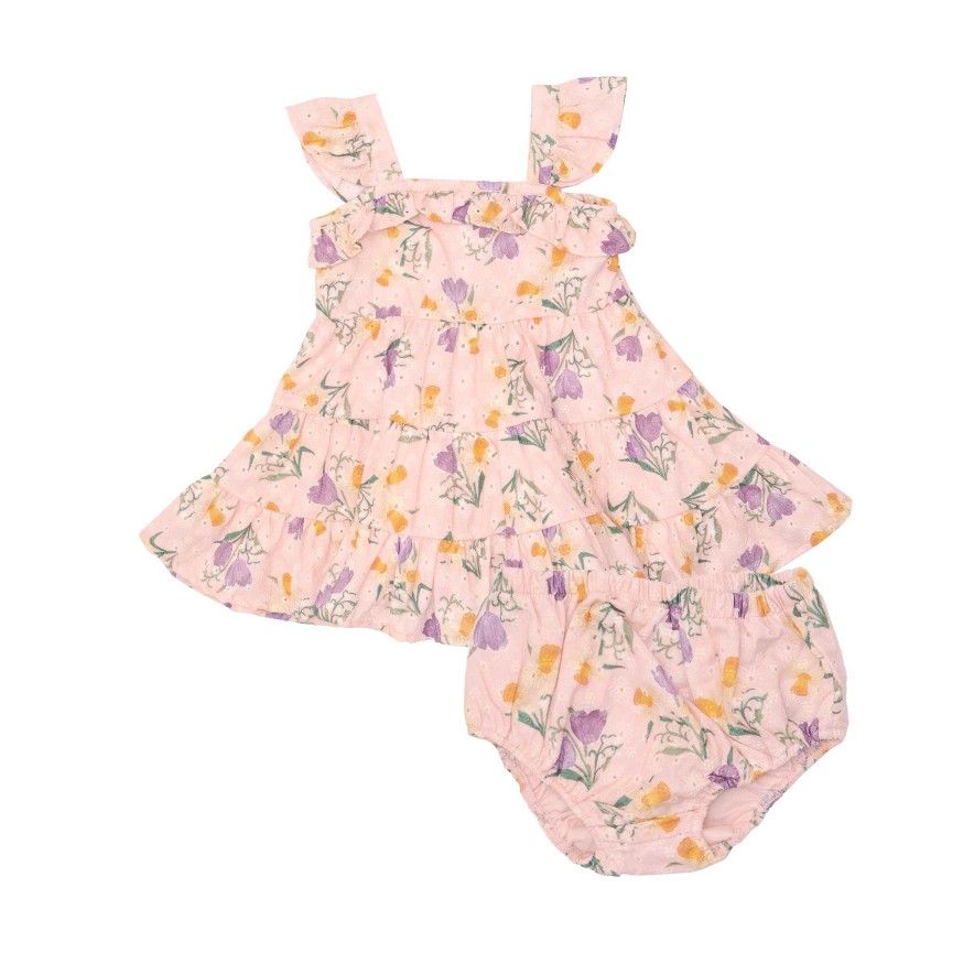 Girl Angel Dear | 3 Tiered Ruffle Sundress & Bloomer Set, Eyelet Daffodil Bouquet