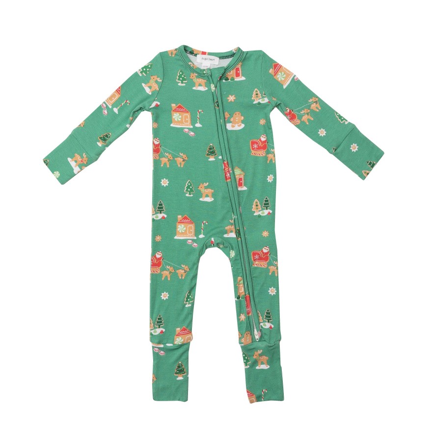 Boy Angel Dear | 2 Way Zip Romper, Green Gingerbread Sleigh