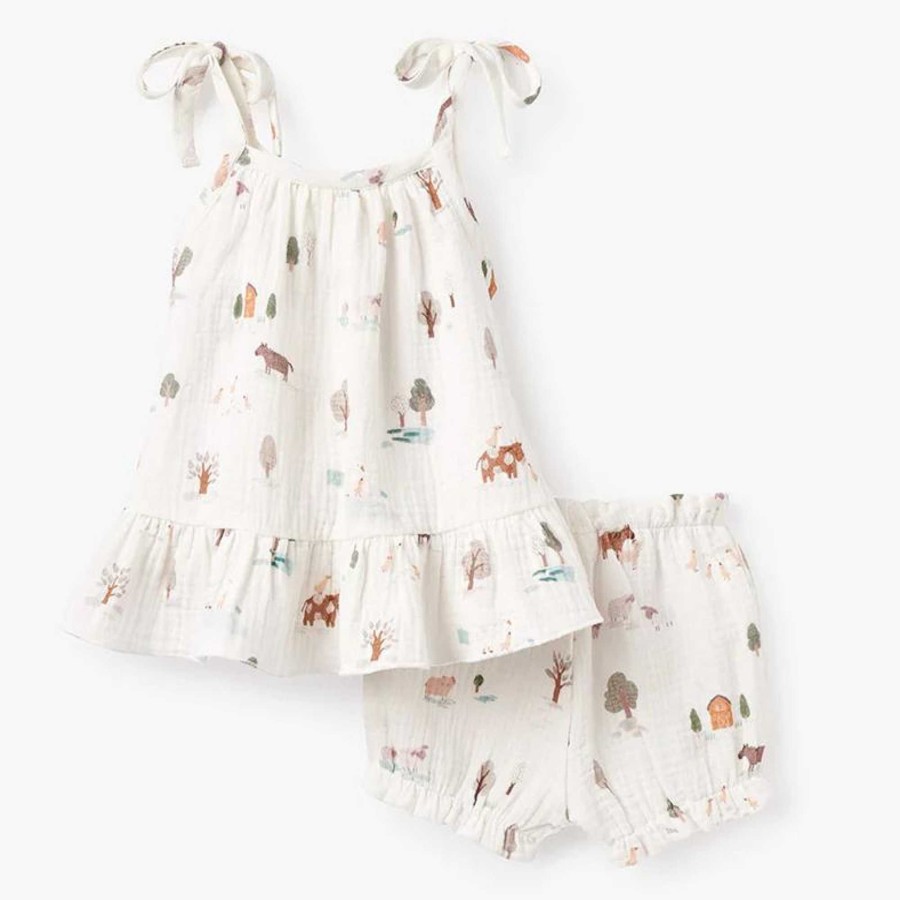 Girl Elegant Baby | Organic Muslin Tie Top Set, On The Farm