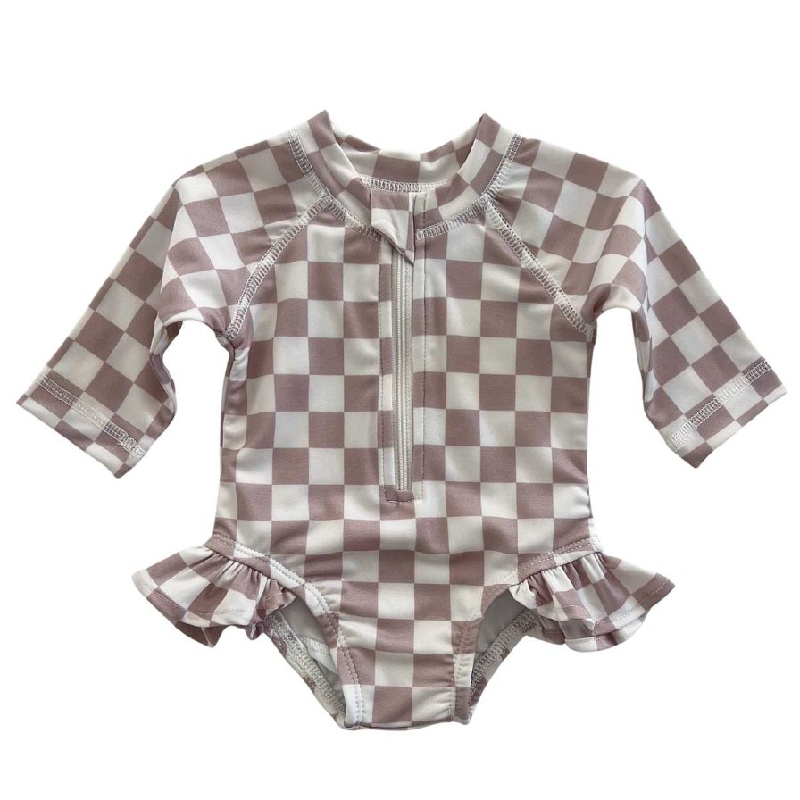 Girl SIIX Collection | Tiramisu Checkerboard / Skipper Rashguard Swimsuit / Upf 50+