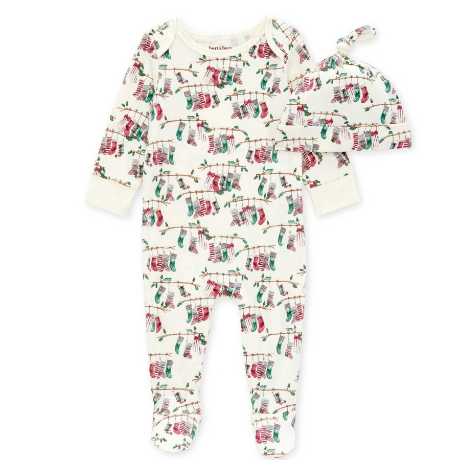 Girl Burt's Bees Baby | Footed Jumpsuit & Top Knot Hat Set, Our Stockings