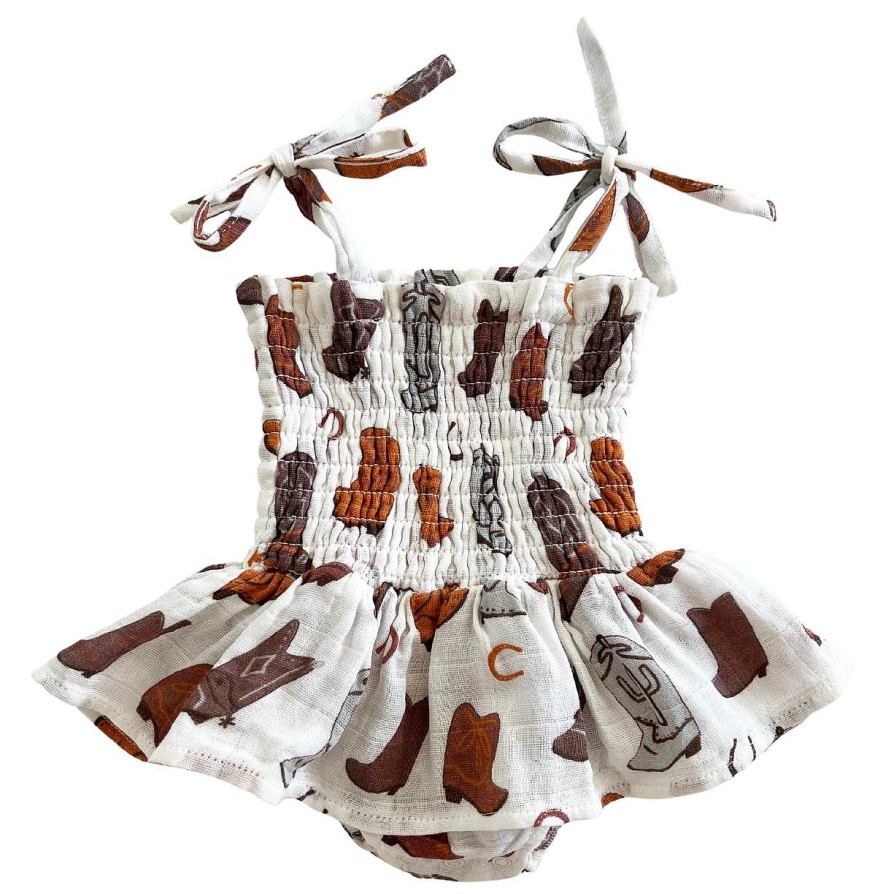 Girl Angel Dear | Muslin Smocked Bubble W/ Skirt, Cowboy Boots