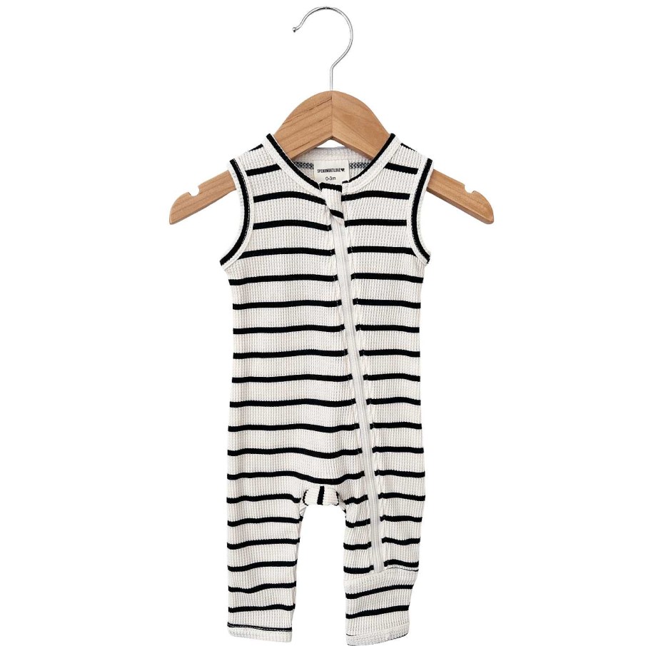 Boy SpearmintLOVE | Organic Waffle Sleeveless Zip Romper, Black Stripe