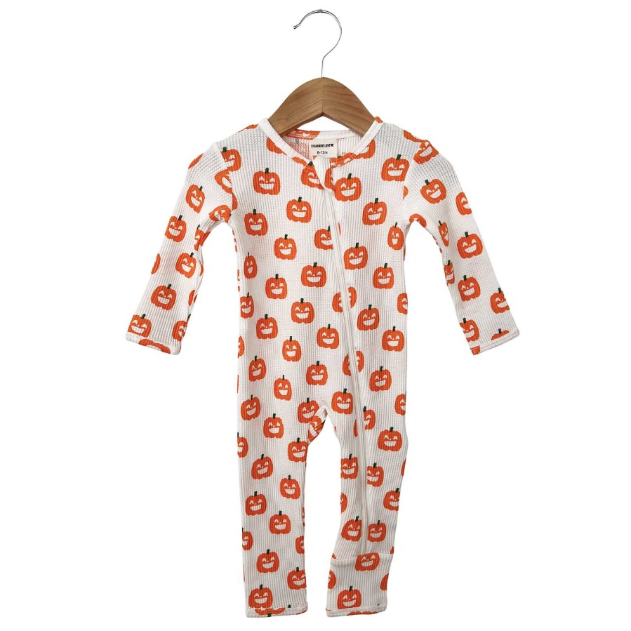 Boy SpearmintLOVE | Organic Waffle Basic Zip Romper, Jack-O-Lantern