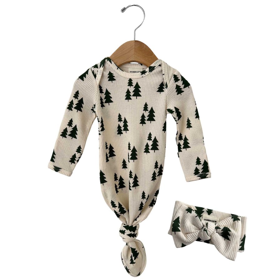 Girl SpearmintLOVE | Organic Waffle Knotted Gown & Bow Set, Forest Green Trees