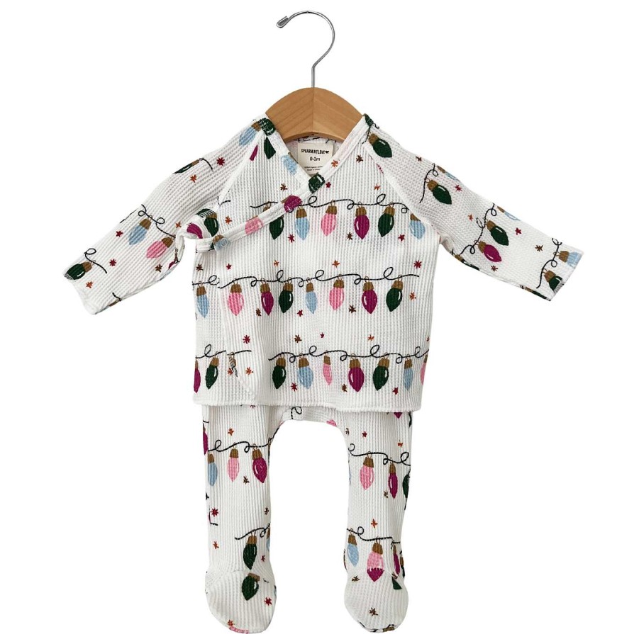 Girl SpearmintLOVE | Organic Waffle Kimono & Pant Set, Pink Christmas Lights