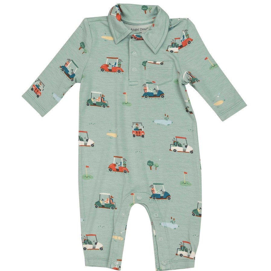 Boy Angel Dear | Polo Romper, Golf Carts Green