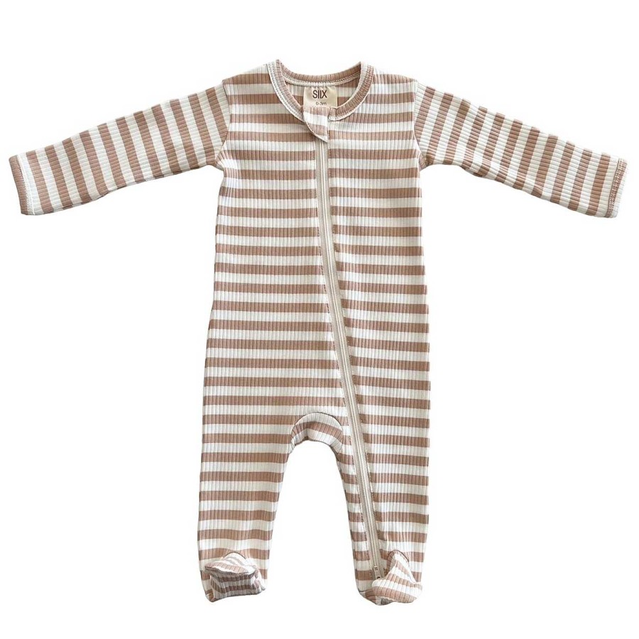 Boy SIIX Collection | Tan Stripe / Organic Ribbed Zip Footie