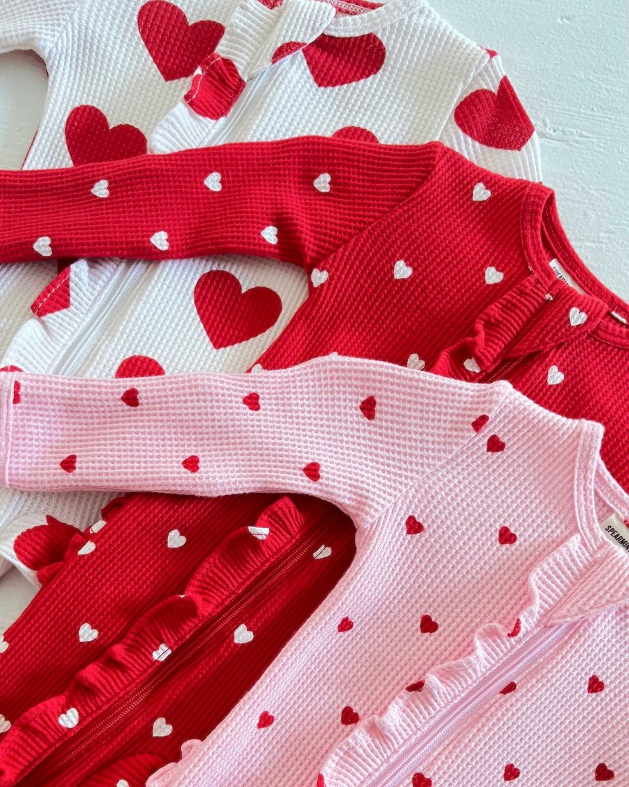 Girl SpearmintLOVE | Organic Waffle Ruffle Zip Footie, Little Red Heart (On Pink)